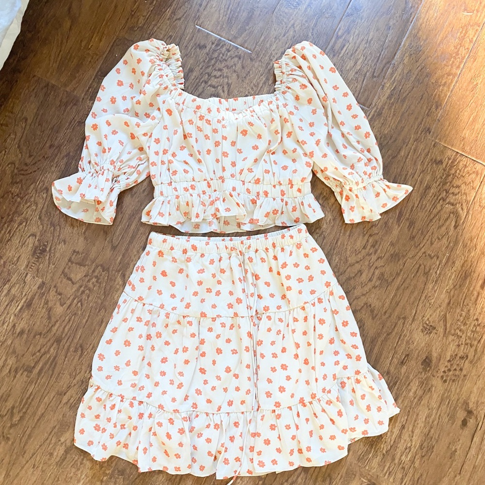 Cream and pink flower set - sabo skirt